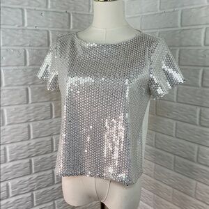 ZARA BASIC SILVER SEQUIN AND WHITE COTTON CROP SHORT SLEEVE TOP SZ SM